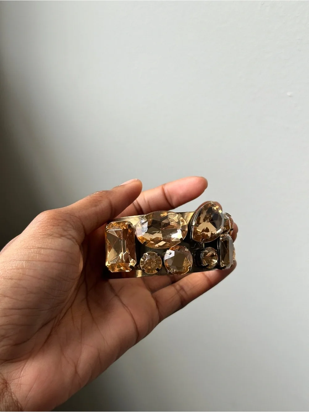 Gold Tone Champagne Rhinestone Wide Cuff Bracelet Statement Costume Jewelry